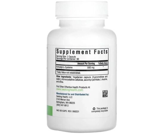 Витаминно-минеральный комплекс Seeking Health NAC (N-Ацетил-L-Цистеин), 500 мг, N-Acetyl-L-Cysteine, 90 вегетариански (SKH-52072), изображение 3