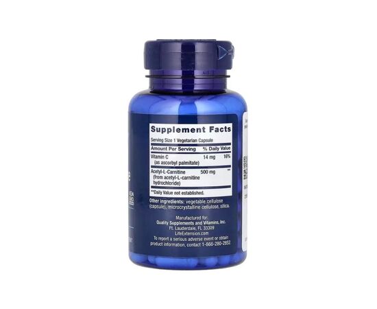 Витаминно-минеральный комплекс Life Extension Ацетил L-карнитин, 500 мг, Acetyl-L-Carnitine, 100 вегетарианских к (LEX-15241), изображение 2