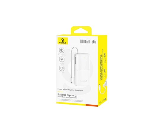 Батарея универсальная Baseus Bipow 2 Digital Display 10000mAh 20W with Built-in USB-C Cable White (P10077101213-00), изображение 4