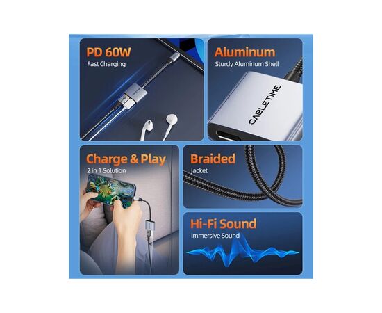 Переходник USB-C M to USB-C F Audio + USB-C F PD60W Cabletime (CA915781), изображение 3