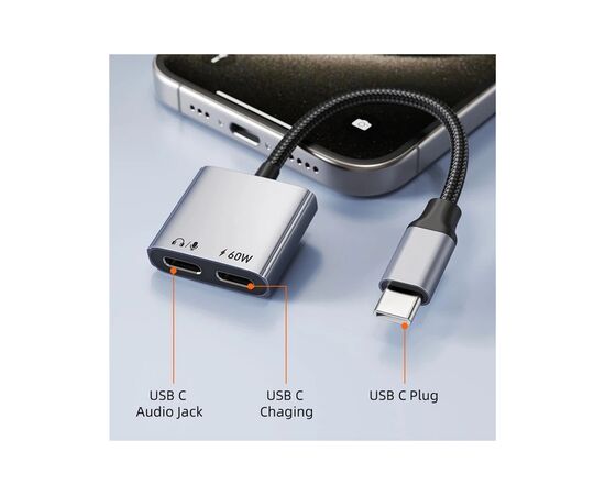 Переходник USB-C M to USB-C F Audio + USB-C F PD60W Cabletime (CA915781), изображение 4