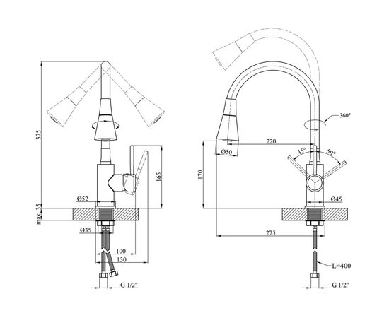 Смеситель Kroner Kuche-C132BLK (CV033126), изображение 9