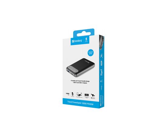 Батарея універсальна Sandberg 10000mAh Travel PD/20W, QC/3.0/22.5W, USB-A, USB-C, LCD Display (421-16), зображення 2