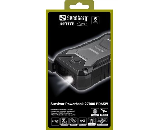 Батарея універсальна Sandberg 27000mAh Survivor PD/65W, IP66, LED Torch, QC/3.0/18W, QI-15W, Pass-Through Charging (420-99), зображення 4
