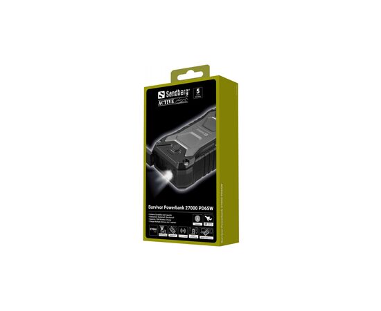 Батарея універсальна Sandberg 27000mAh Survivor PD/65W, IP66, LED Torch, QC/3.0/18W, QI-15W, Pass-Through Charging (420-99), зображення 5