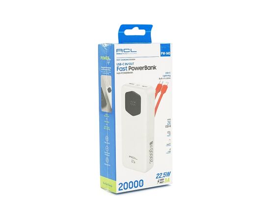 Батарея универсальная ACL 20000mAh, 22.5W, cables Type-C + Lighting, White (ACL PW-140), изображение 4