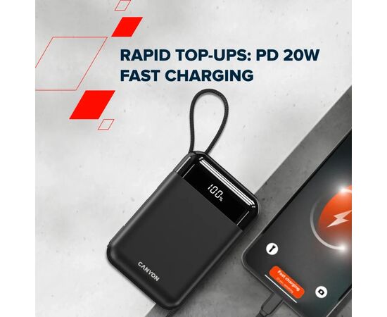 Батарея універсальна Canyon 20000mAh OnPower 204 PD/20W Built-in Lightning Cable (CNS-CPB204B), зображення 7