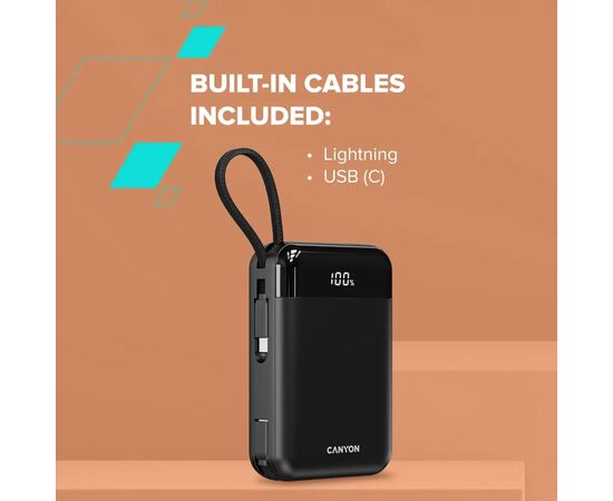 Батарея універсальна Canyon 20000mAh OnPower 204 PD/20W Built-in Lightning Cable (CNS-CPB204B), зображення 8