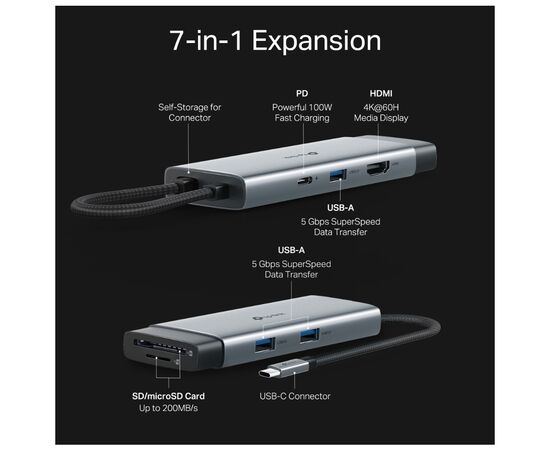 Концентратор TP-Link USB-C 7-in-1 3xUSB + HDMI + SD/TF + USB-C PD100W (UH7021C), изображение 6