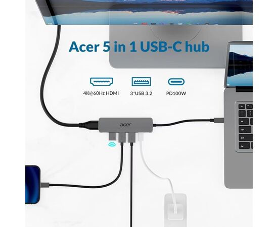 Концентратор Acer USB-C 5-in-1 3xUSB 3.0 + HDMI + USB-C gray (HP.DSCAB.021), изображение 2