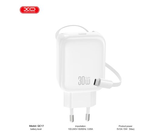 Зарядний пристрій XO 1xUSB-C PD30W GaN + cable USB-C to USB-C (XO-QC17), зображення 4