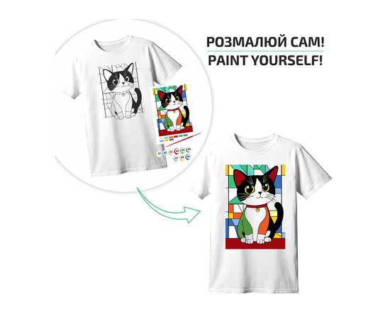 Набор для творчества Rosa футболка-розмальовка, Яскравий кіт, бавовна 100, розмір XS (4823098544845), изображение 4
