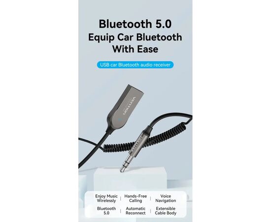 FM модулятор Vention AUX TRS 3.5мм USB Bluetooth 5.0 Coiled Cable 1.5M Gray Zinc (NAGHG), изображение 6