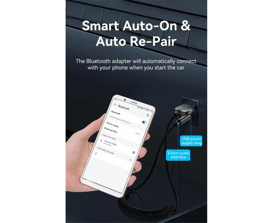 FM модулятор Vention AUX TRS 3.5мм USB Bluetooth 5.0 Coiled Cable 1.5M Gray Zinc (NAGHG), изображение 9