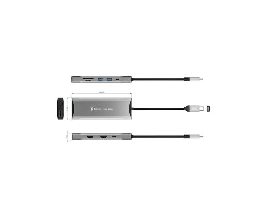 Концентратор J5create USB-C 9-in-1 2xUSB 3.2 + 2xUSB-C PD + 2xHDMI 4K + DisplayPort + SD/TF + RJ45 1000Mbps gray (JCD397-N), зображення 5