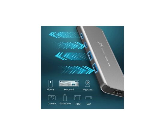 Концентратор J5create USB-C 5-in-1 2xUSB 3.2 10Gbps + 2xUSB-C 10Gbps PD 100W + HDMI 8K gray (JCH453-N), зображення 7