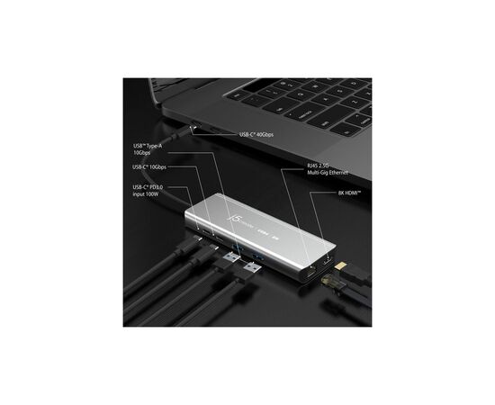 Концентратор J5create USB-С 6-in-1 2xUSB 3.2 + USB-C PD 100W + USB-C + HDMI 8K + RJ45 2.5Gbps aluminum (JCD403-N), зображення 4