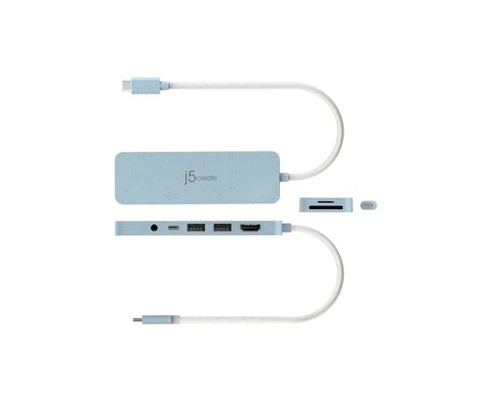 Концентратор J5create USB-C 6-in-1 2xUSB 3.2 + USB-C PD + HDMI 4K + SD/TF + 3.5mm cyan (JCD373EC-N), зображення 3