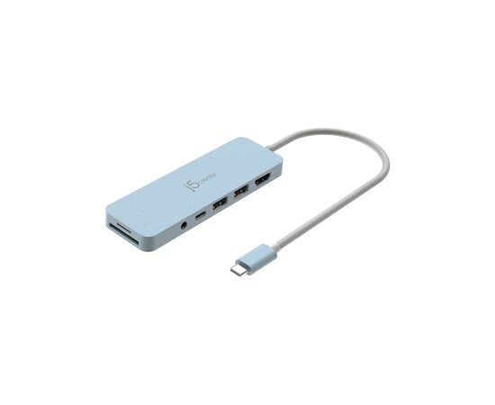 Концентратор J5create USB-C 6-in-1 2xUSB 3.2 + USB-C PD + HDMI 4K + SD/TF + 3.5mm cyan (JCD373EC-N)