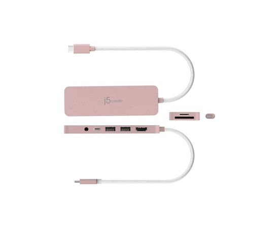 Концентратор J5create USB-C 6-in-1 2xUSB 3.2 + USB-C PD + HDMI 4K + SD/TF + 3.5mm rose (JCD373ER-N), зображення 3