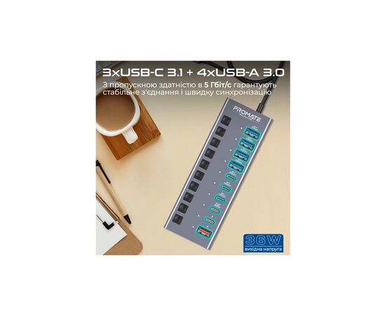 Концентратор Promate USB-C 10-in-1 5xUSB-C + 5xUSB gray (gegahub-5g), изображение 2