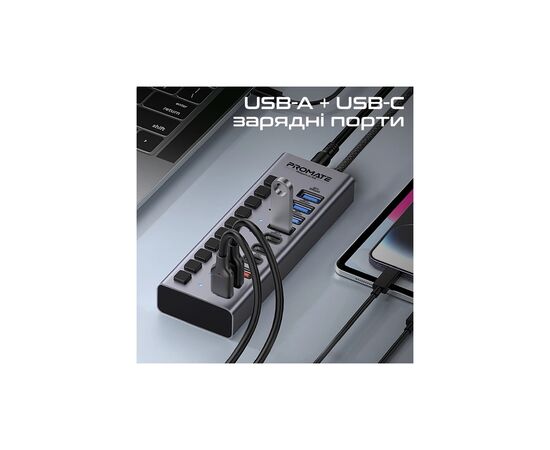Концентратор Promate USB-C 10-in-1 5xUSB-C + 5xUSB gray (gegahub-5g), изображение 3