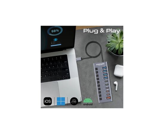Концентратор Promate USB-C 10-in-1 5xUSB-C + 5xUSB gray (gegahub-5g), изображение 5