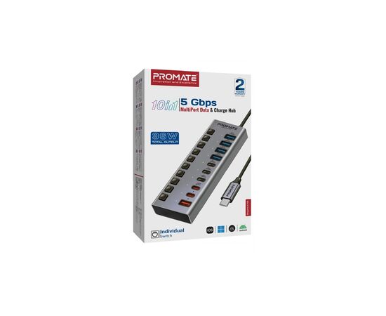 Концентратор Promate USB-C 10-in-1 5xUSB-C + 5xUSB gray (gegahub-5g), изображение 6
