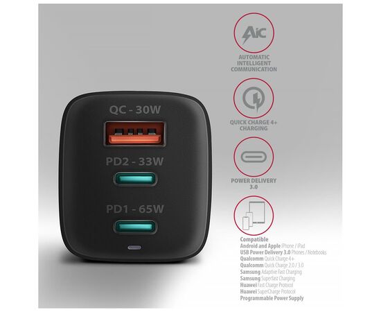 Зарядное устройство AXAGON 1xUSB + 2xUSB-C 65W QC4+ PD3.0 PPS black (ACU-DPQ65), изображение 5