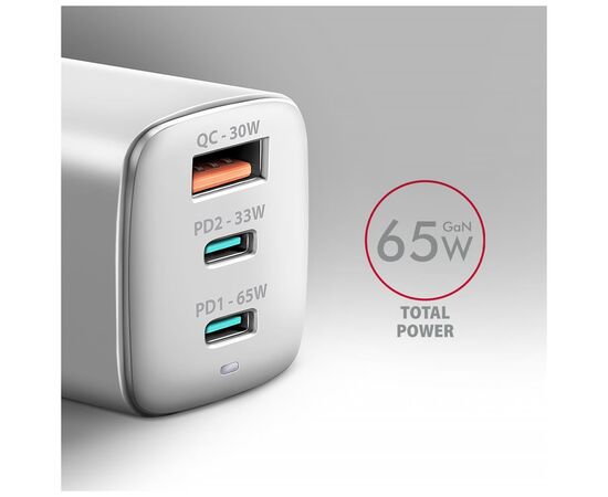 Зарядное устройство AXAGON 1xUSB + 2xUSB-C 65W QC4+ PD3.0 PPS white (ACU-DPQ65W), изображение 3
