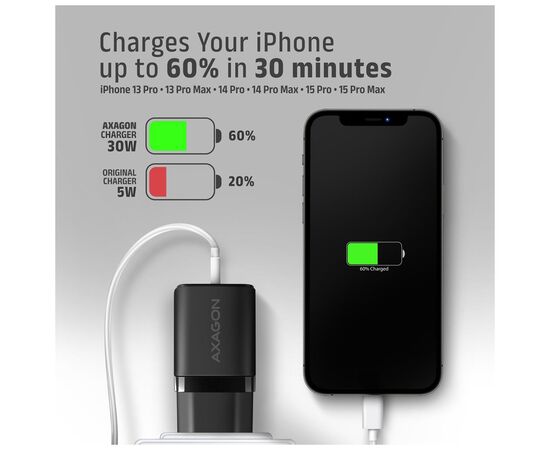 Зарядное устройство AXAGON 1xUSB QC4.0 + 1xUSB-C PD30W PPS black (ACU-PQ30), изображение 8
