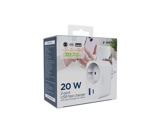 Зарядний пристрій Gembird 1xUSB-C PD20W + 1xUSB QC3.0 + Schuko white (TA-ACPDQC20-01-W), зображення 5