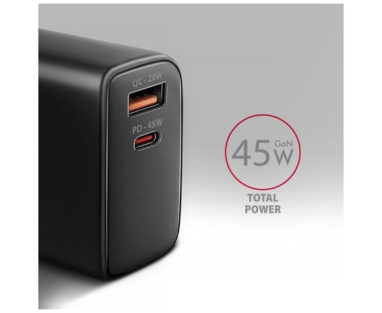 Зарядное устройство AXAGON 1xUSB QC4.0 + 1xUSB-C PD45W PPS black (ACU-PQ45), изображение 3