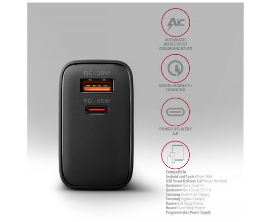 Зарядное устройство AXAGON 1xUSB QC4.0 + 1xUSB-C PD45W PPS black (ACU-PQ45), изображение 5
