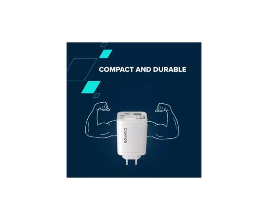 Зарядное устройство Canyon 1xUSB-C PD65W + 1xUSB QC3.0 + cable USB-C to USB-C white (CNS-CURC65ACW), изображение 12