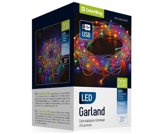 Гирлянда ColorWay LED 200 20 м (8 режимів) різнокольорова (прозорий кабель) USB (CW-G-200L20UTMC)