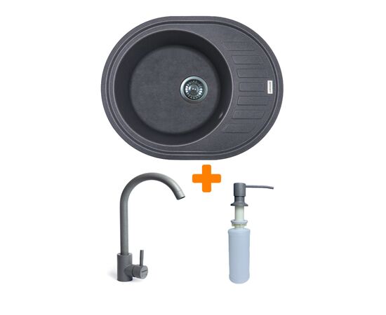 Мойка кухонная Adamant Ovum сірий + змішувач + дозатор (1824296900404)