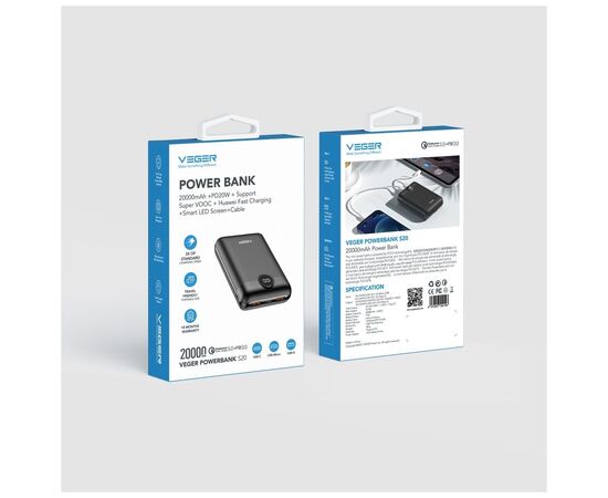 Батарея универсальная VEGER 20000mAh S20 22.5W PD/3/0 QC/3.0 black (6970453554198), изображение 3