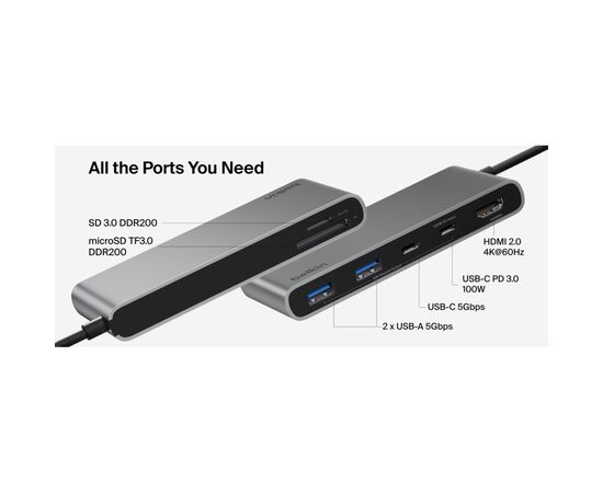 Концентратор Belkin USB-C 7-in-1 2xUSB 3.0 + USB-C + PD + HDMI 2.0 4K60Hz + SD/TF gray (AVC023HQSGY), изображение 2