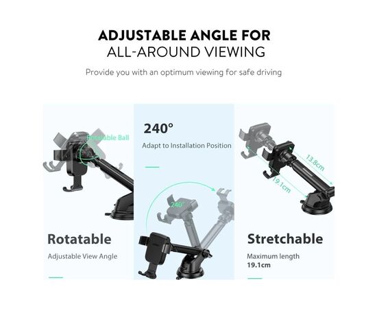 Универсальный автодержатель Ugreen LP200 Gravity Phone Holder with Suction Cup Black (60990B), изображение 4