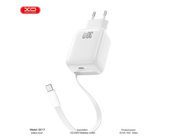 Зарядное устройство XO 1xUSB-C PD30W GaN + cable USB-C to USB-C (XO-QC17), изображение 3
