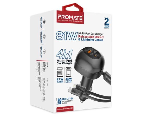Зарядное устройство Promate 1xUSB-C PD + 1xUSB + cable USB-C/Lightning max 81W black (powerdrive-rci81), изображение 2