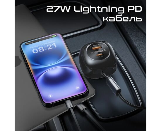 Зарядное устройство Promate 1xUSB-C PD + 1xUSB + cable USB-C/Lightning max 81W black (powerdrive-rci81), изображение 5