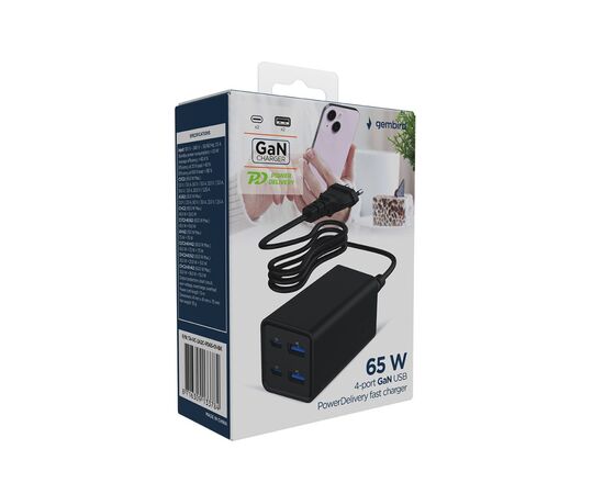Зарядний пристрій Gembird 2xUSB-C PD65W + 2xUSB QC3.0 30W black (TA-UC-2A2C-PD65-01-BK), зображення 6