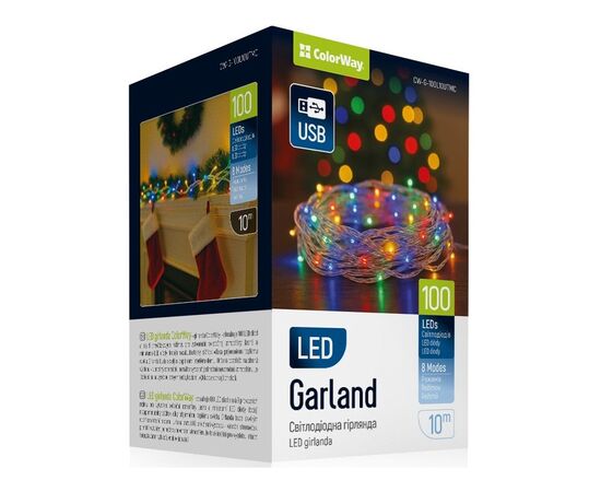 Гирлянда ColorWay LED 100 10м (8 функцій) різнокольорова (прозорий кабель) USB (CW-G-100L10UTMC)