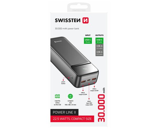 Батарея универсальная SWISSTEN 30000mAh POWER LINE II 22.5W PD QC Black (8595217490635), изображение 2