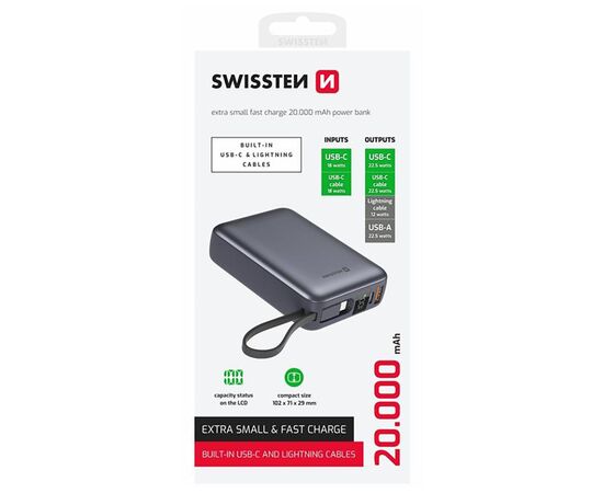 Батарея универсальная SWISSTEN 20000mAh SPACE 22/5W PD QC w/built-in cables USB-C/LIGHTNING Silver (8595217490598), изображение 2