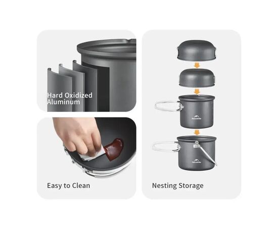 Набір туристичного посуду Naturehike NH18T018-G, алюміній, 2 каструлі, 2 кришки (6927595785515), зображення 2