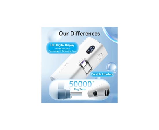 Батарея универсальная VENTION 4800mAh 22,5W PD, USB-C In/Out, LED display, with built-in USB-C cable Blue (FHQL0), изображение 4