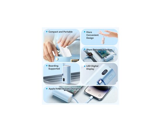 Батарея универсальная VENTION 4800mAh 22,5W PD, USB-C In/Out, LED display, with built-in USB-C cable Blue (FHQL0), изображение 5